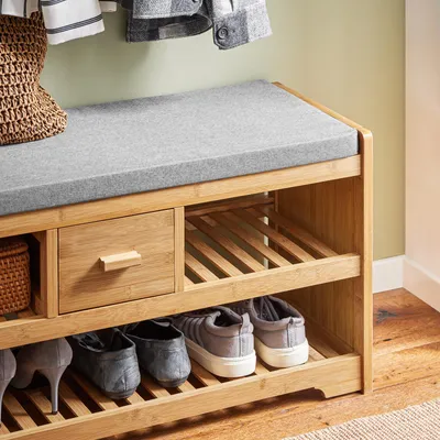 Produktbild von SoBuy Schuhbank mit Sitzfläche, Schublade & 2 Ablagen, Sitzbank für Flur aus Bambus und MDF, platzsparende Garderobenbank für Eingang, Natur FSR75-N