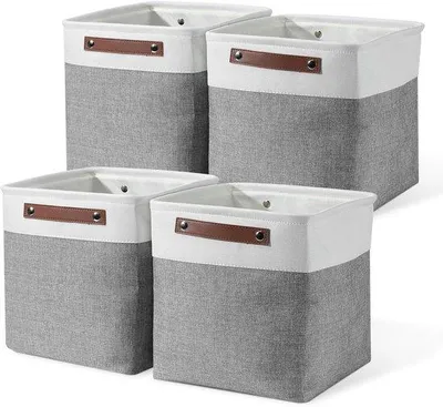 Produktbild von Famanu Aufbewahrungsbox - faltbare Aufbewahrungskubus - 4 Stück (30 x 30 x 30 cm) - Organizer aus Stoff mit Griffen - Aufbewahrungskörbe (weiß + grau)