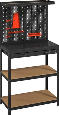Produktbild von Werkbank 80 x 40,5 x 155 cm Werkzeugbank mit Lochwand, Haken, Schublade, 2 Ablagen für Werkstatt Schwarz