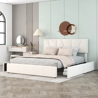 Produktbild von Flieks Polsterbett 160x200cm Samt Doppelbett Jugendbett mit 4 Schubladen und verstellbarem Kopfteil, Massivholzbett Stauraumbett, Samt, Beige
