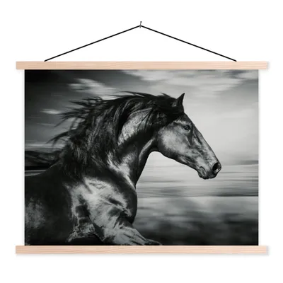 Produktbild von MuchoWow® Textilposter Pferd - Tiere - Schwarz - Weiß 120x90 cm mit holzfarbenen Rahmen - Magnetisch