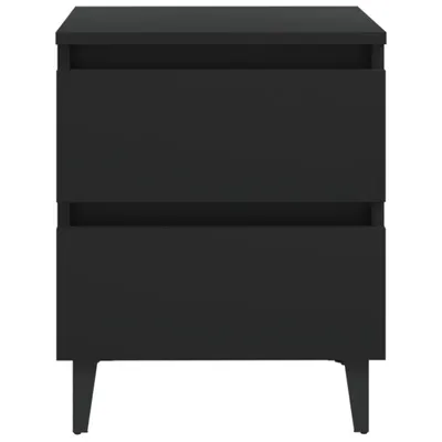 A front view of a black nightstand with two drawers.