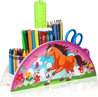 Obrázek produktu pro WAGOMA držák na tužky pro děti [5 přihrádek] Robustní dřevěný organizér na stůl Horse