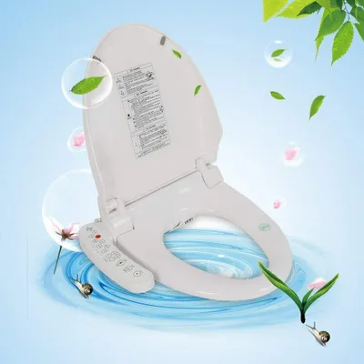 A white smart toilet seat with a remote control is shown against a light blue background with decorative elements like leaves and bubbles.