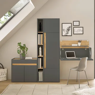 Produktbild von Büromöbel Set anthrazit mit Eiche CRISP-61 modern 3-teilig mit Hängesekretär