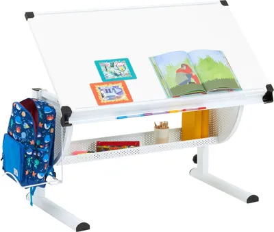 Produktbild von Kinderschreibtisch SARI höhenverstellbar in weiß/weiß, Schreibtisch für Kinder neigbar mit Rille für Stifte, Schülerschreibtisch mit Ablage und Rucksackhalterung