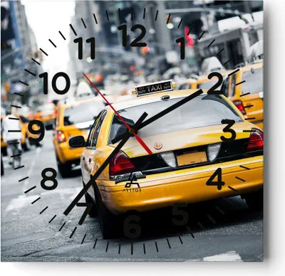 Produktbild von Wanduhr - Quadrat - Glasuhr - Taxi Straße New York - 40x40cm - Schleichendes Uhrwerk - Lautlos - zum Aufhängen bereit - Dekoration Modern - Wanddekoration aus Glas - C4AC40x40-2663