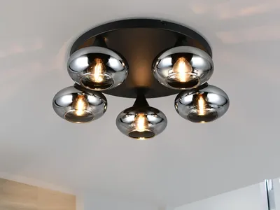 Produktbild von Moderne LED Deckenleuchte 5-flammig Schwarz mit Rauchglas Lampenschirmen, Ø 49cm