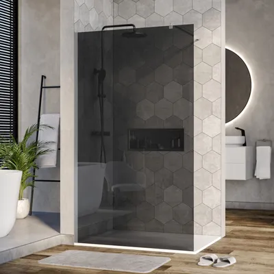Produktbild von Duschabtrennung Walk-In Nano Echtglas EX101 - Graues Glas - 10 mm - Wandprofil Chrom - Breite wählbar, Breite Walk-In:900mm