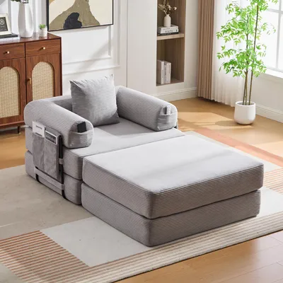 Produktbild von Cord-Kompressionssessel mit Hocker 2-teilig Metallrahmen Relaxsessel Lounge-Sessel Polstersessel ergonomisch dicke Polsterung Seitentasche Kissen