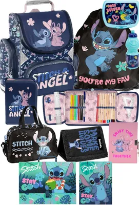 Image de Ensemble de 10 articles Lilo et Stitch : sac à dos, trousse, sac de sport, gourde, boîte à lunch, cartable, sac à dos pour filles