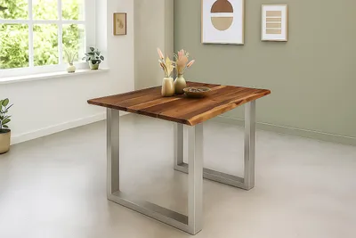 Produktbild von Esstisch Baumkante 90 x 90 cm massiv Akazie nussbaum U-Gestell silber QUINTUS