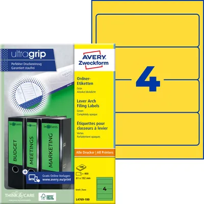 Produktbild von Avery Zweckform L4769-100, Ordner-Etiketten, A4, Qualitätsdruck mit: ultragrip, 61 x 192 mm, 400 Etiketten / 100 Bögen, gelb