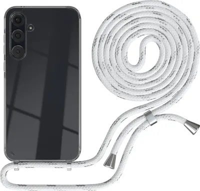 A clear phone case with a white and gray braided lanyard is shown against a white background.