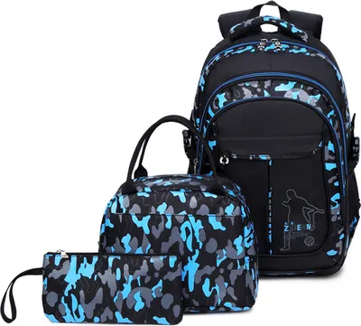 Produktbild von Grosse Kapazität Schulrucksack Teenager, 3 Teile Set Kinderrucksack/Camouflage Rucksäcke/Schulranzen Für Schule, Blau