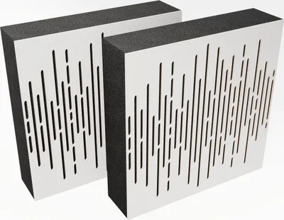Two acoustic panels with a white perforated front and black foam sides, displayed against a white background.