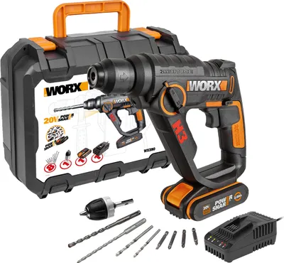 Image de WORX Perceuse à percussion - WX390 SDS-plus - Perceuse 20V avec système de martelage pneumatique pour visser, percer et marteler - Energie de frappe 1,2 Joule - Avec batterie 2,0Ah Li-Ion, chargeur et coffret