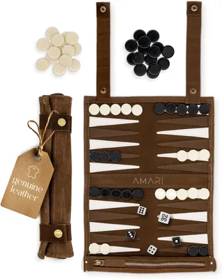 Productafbeelding van Backgammon spel, 100% leer, rolbaar, compact, voor reizen