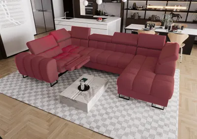 Productafbeelding van Zitmeubel met slaapbank, model BASTIEN RELAX, bekleed met stof Gemma in de kleur Bordeaux, met een hocker aan de rechterkant