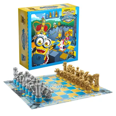 A Minions Medieval Mayhem chess set with the box and the board with pieces set up.