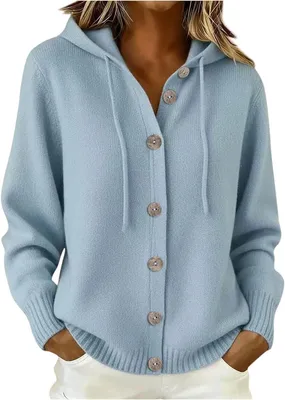 Produktbild von ASKSA Damen Strickjacke Langarm Strickcardigan Einfarbig Pullover mit Knopfleiste Kapuze Warm Gestrickt Kapuzenpullover Casual Cardigan (Hellblau,3XL)