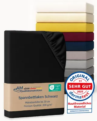 Produktbild von AM Qualitätsmatratzen | Premium Spannbettlaken 180x220 cm | Baumwolle (200gsm) in Schwarz |  Germany |  es Bettlaken | Jersey Spannbetttuch | Fitted Sheets | Baumwolle |180 x 220 cm