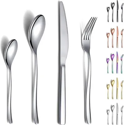 Immagine prodotto di Set di posate Unyqoos® da 24 pezzi – servizio per 6 persone (6 coltelli, 6 forchette, 6 cucchiai da tavola, 6 cucchiaini), acciaio inossidabile 18/0, resistente alla ruggine, adatto al lavaggio in lavastoviglie
