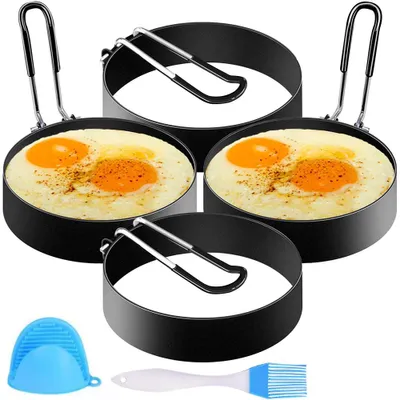 Produktbild von 4-teiliges Spiegeleierformen Set, Pfannkuchenformen Edelstahl Antihaft, klappbarer Griff, Omelett, hitzebeständig