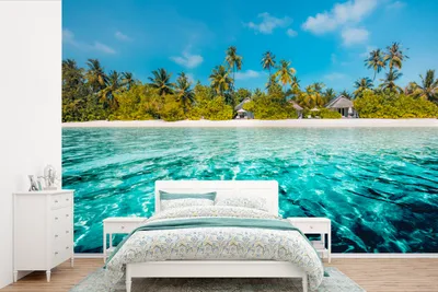 Produktbild von MuchoWow® Fototapete für Wohnzimmer oder Schlafzimmer Wandtapete Vinyl Motivtapete Strand - Palmen - Meer - 450x300 cm - Gemusterte