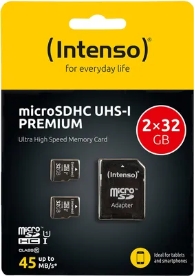 Zdjęcie produktu dla Intenso Doppelpack microSDHC 32GB UHS-I Premium inkl. Adapter SD - duża pojemność SD (MicroSDHC) Class 10