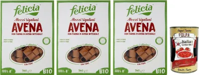 Produktbild von 3x Felicia Mezzi Rigatoni Avena,Pasta con Farina di Avena integrale,Nudeln mit Vollkorn-Haferflocken,Bio und Natürlich Glutenfrei,Packung mit 340g + Italian Gourmet Polpa di Pomodoro 400g Dose