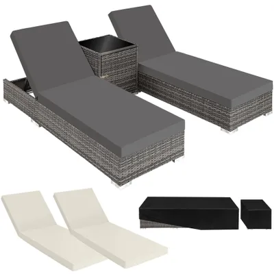 Produktbild von tectake 2er Set Aluminium Rattan Sonnenliegen inkl. Tisch - verstellbare Rückenlehne - Polsterüberzug Beige/Grau