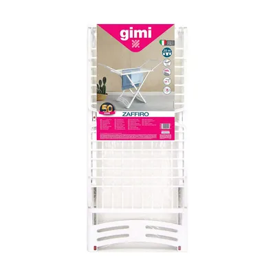 A white laundry drying rack is shown in its packaging, with promotional graphics and text on the front.