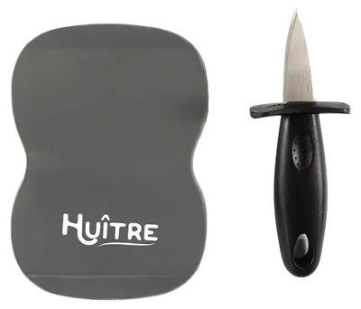 An oyster knife and a protective mat are shown against a white background.