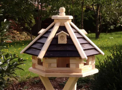 A wooden birdhouse sits outdoors in a garden setting.