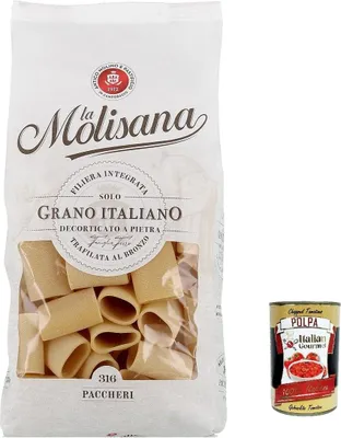 Produktbild von 6x La Molisana Paccheri N. 316 Pasta Lenta Lavorazione Teigwaren aus Hartweizengrieß Bronze-Zeichnung 500g + Italian Gourmet Polpa 400g