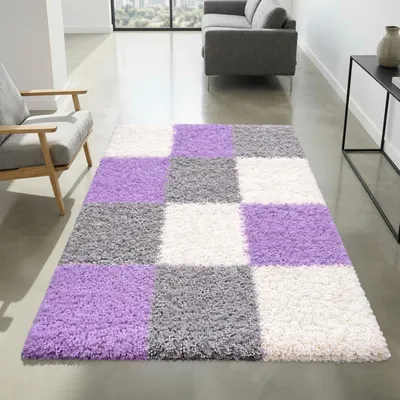 Produktbild von Shaggy Teppich Mehrfarbig Flieder Grau Creme – moderner Hochflor Teppich mit Karomuster Größe - 80 x 150 cm