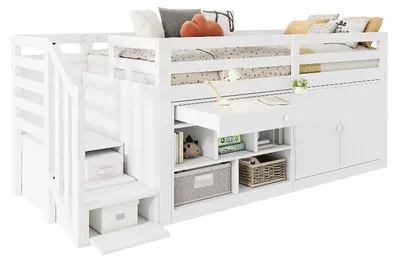 Produktbild von Kinderbett 90x200 cm weiß aus Holz mit Treppe, Stauraum und umdrehbarer Schublade für Schlafzimmer
