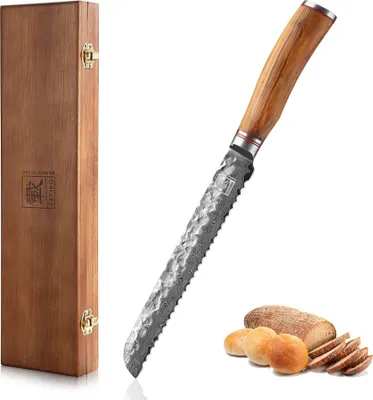 Produktbild von Zayiko Minami Damast Brotmesser I 20 cm Klinge I Olivenholzgriff I Holzbox