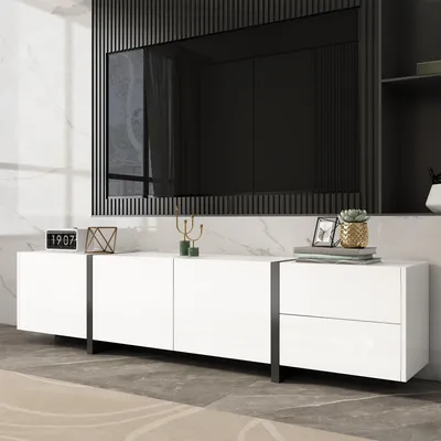 Obrázek produktu pro MODFU Moderní TV stolek / lowboard s vysokým leskem a LED, TV skříň s černými nohami, televizní skříň se zásuvkami a dvířky, bílá