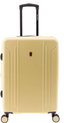 A single yellow suitcase is shown against a white background.