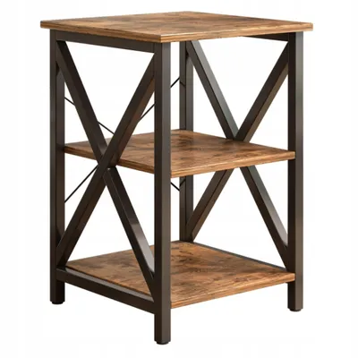A three-tier shelf unit with a rustic wood finish and dark metal frame, shown against a white background.
