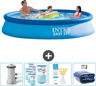 Produktbild von Intex runder aufblasbarer Easy Set-Schwimmpool – 366 x 76 cm – Blau – inklusive Pumpe Filter - Teststreifen - Sonnensegel