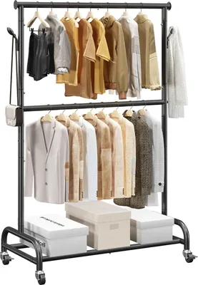 Zdjęcie produktu dla Wieszak na ubrania – wieszak na kółkach – regulowana poprzeczka – haczyki boczne – nośność 150 kg – wytrzymała stal węglowa