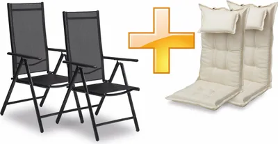 Produktbild von sunnypillow 2er Set Gartenstühle und Gartenstuhlauflagen Hochlehner | 120x50x9 cm Hochlehner Auflage wasserdicht UV-lichtecht |Cremefarben