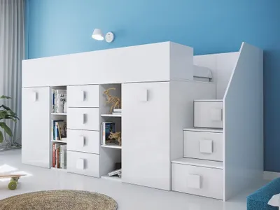 Produktbild von Kinderhochbett mit Stauraum und Schreibtisch Willy – Weiß rechts