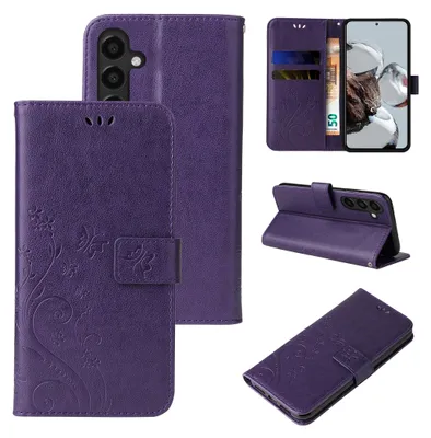 A collage of images showing a purple floral butterfly flip phone case from multiple angles.