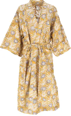 Produktbild von Kimono im Japan Style, Handbedruckter Uni Oversize Baumwoll Kimono Mantel, Kimonokleid - Honig, Damen, Mehrfarbig, Baumwolle, Kimono
