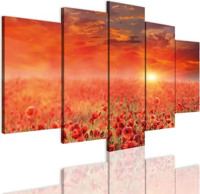 Produktbild von Wandbild Wanddeko Mohnblumenfeld auf Leinwand - ökologische Tinte, Wasserfest - 5 Teilig 50x100 cm Leinwandbilder für wohnzimmer, schlafzimmer