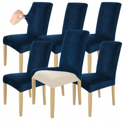 Produktbild von Stuhlhusse Stretch Dunkelblau - Samt - 6 Stück - Universal - Esszimmer Stuhlbezug